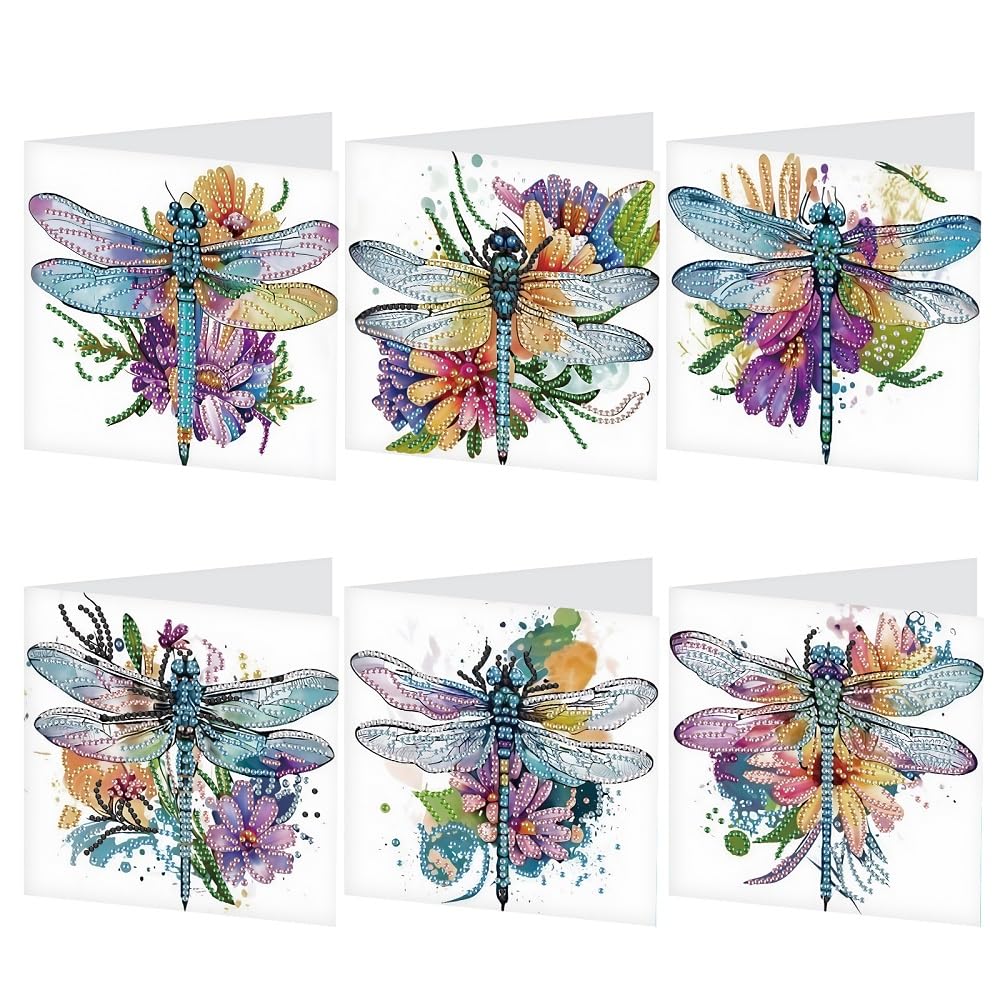 AiYuanzsh 6 Pack Diamond Art Greeting Card Kits with Envelope – Dragonfly Design Floral Crystal Rhinestone Birthday & Holiday Cards, DIY Postcards for