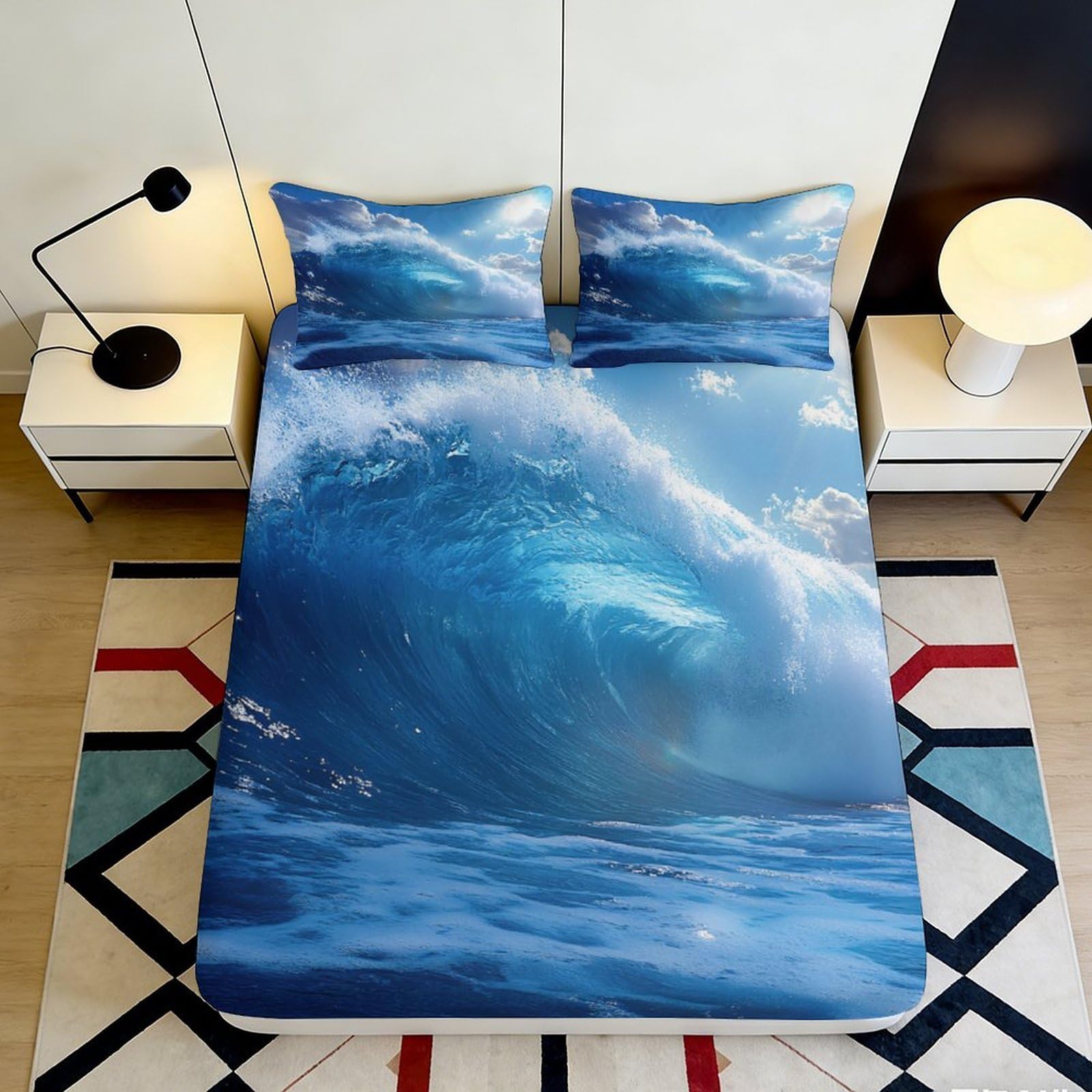 3D Printed Ocean Wave Fitted Sheet Microfiber Soft Breathable Sea Surf Mattress Cover for Bedroom Guest Room Décor 90x200x25cm
