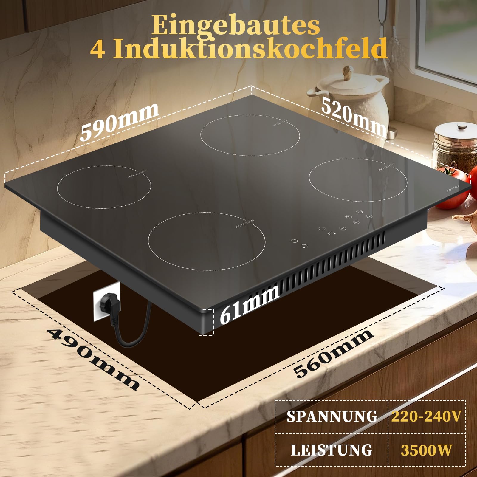 NOXTON Induktionskochfeld 60 cm 4 Platten 3500W Touch Timer Kindersicherung