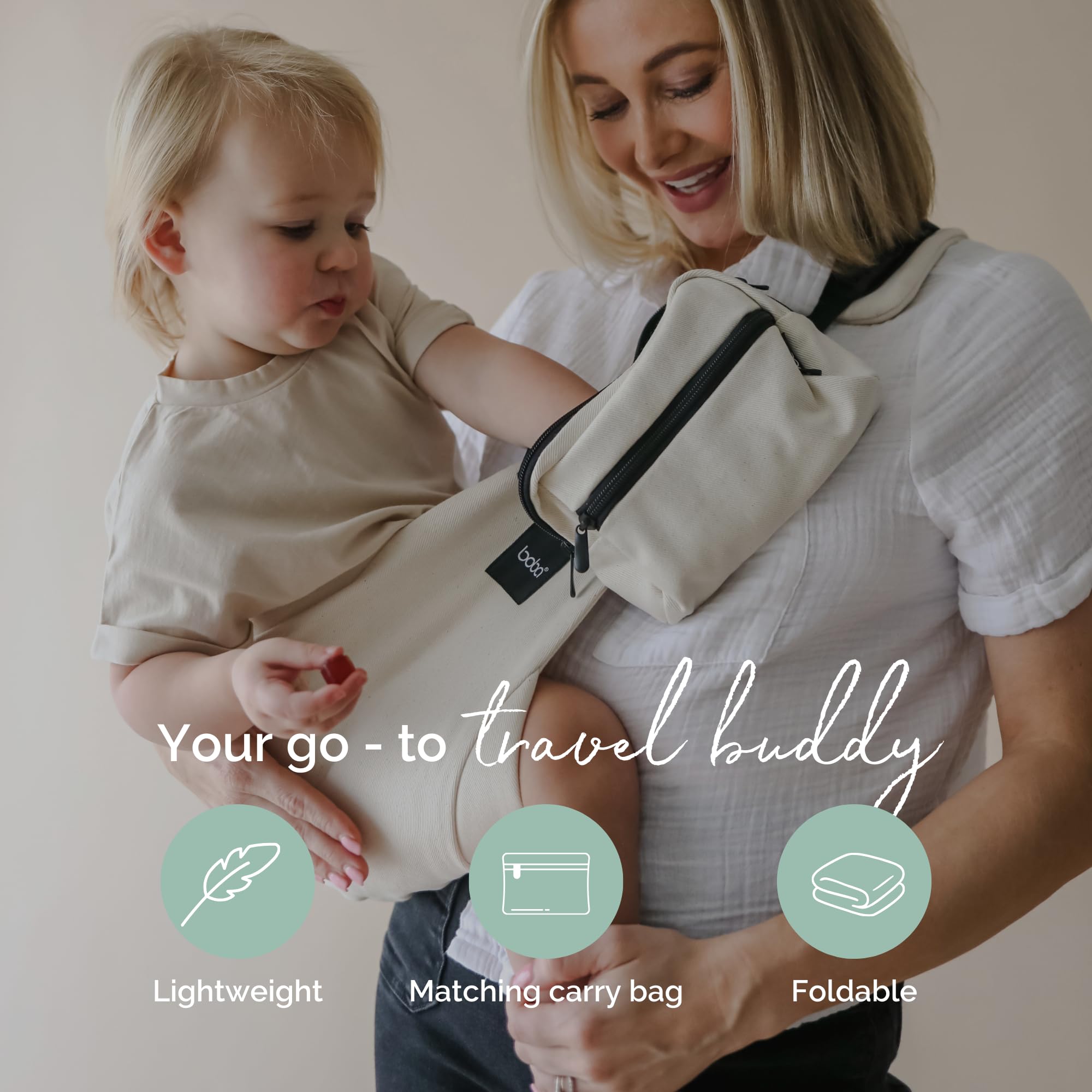 Boba Buddy Mochila Portabebés - 100 % Algodón, Ergonómico con Tirantes Ajustables, Hebilla de Seguridad y Asiento Amplio, Incluye Bolsa de Transporte a Juego (9-48 Meses/8-20 kg) - Oat