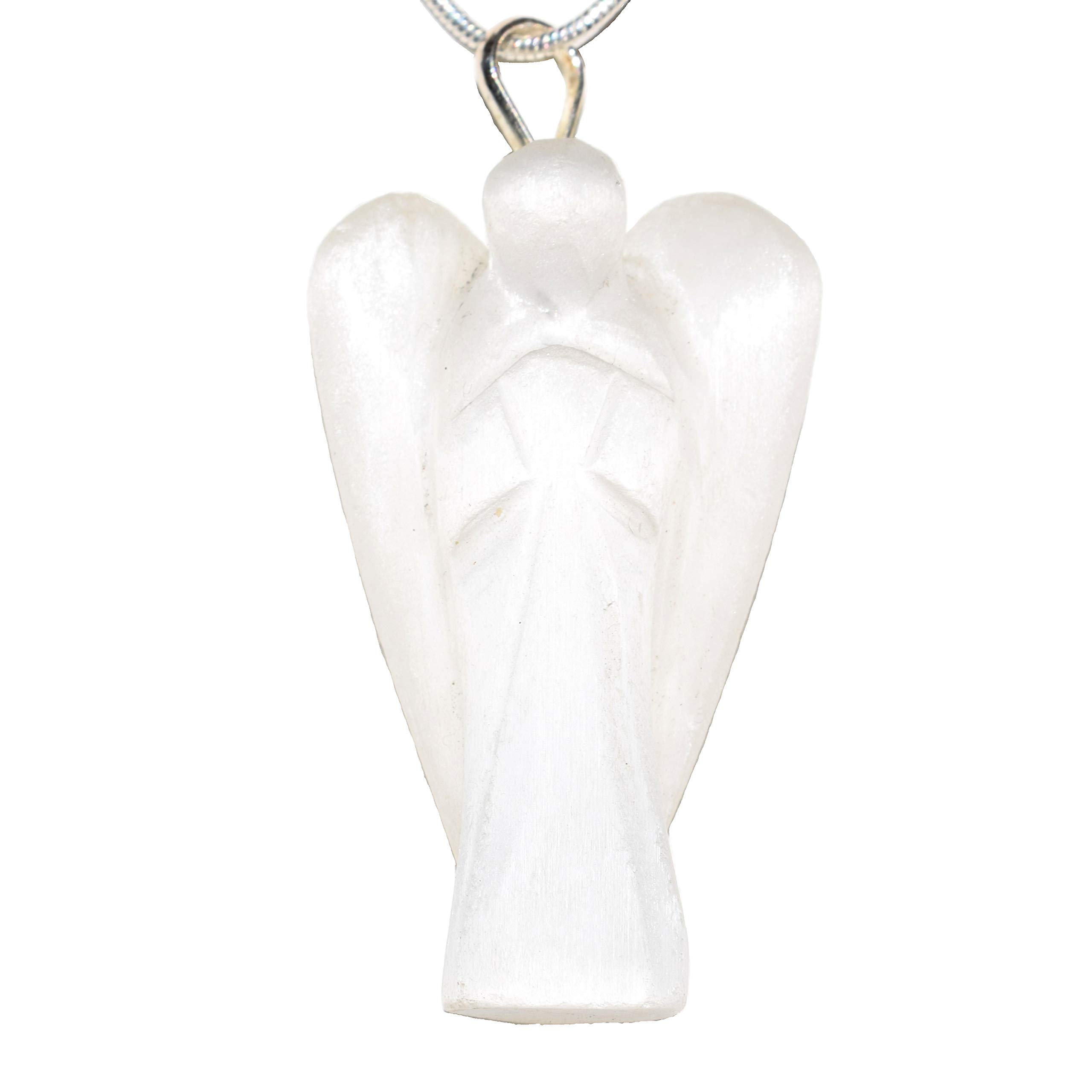 Zenergy Gems Selenite Charged Hand Carved Natural Selenite Crystal Angel Pendant, 20" Stainless Steel Snake Chain & Selenite Pocket Puffy Heart