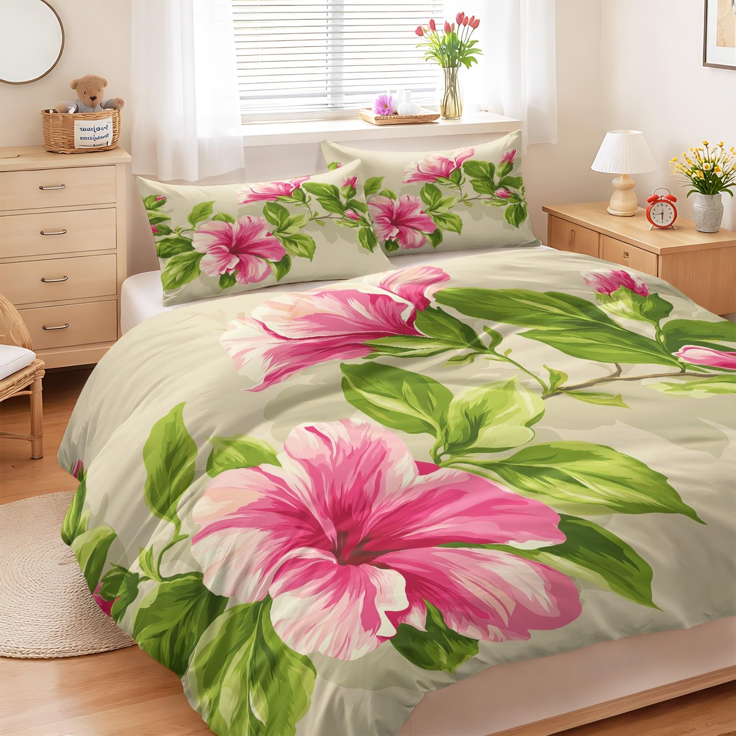Generisch 3-częściowy komplet pościeli, 220 x 240 cm, eleganckie, kwitnące kwiaty dla miłośników kwiatów, beżowe, vintage, miękka poszewka z mikrofibry z zamkiem błyskawicznym, przyjazna dla skóry