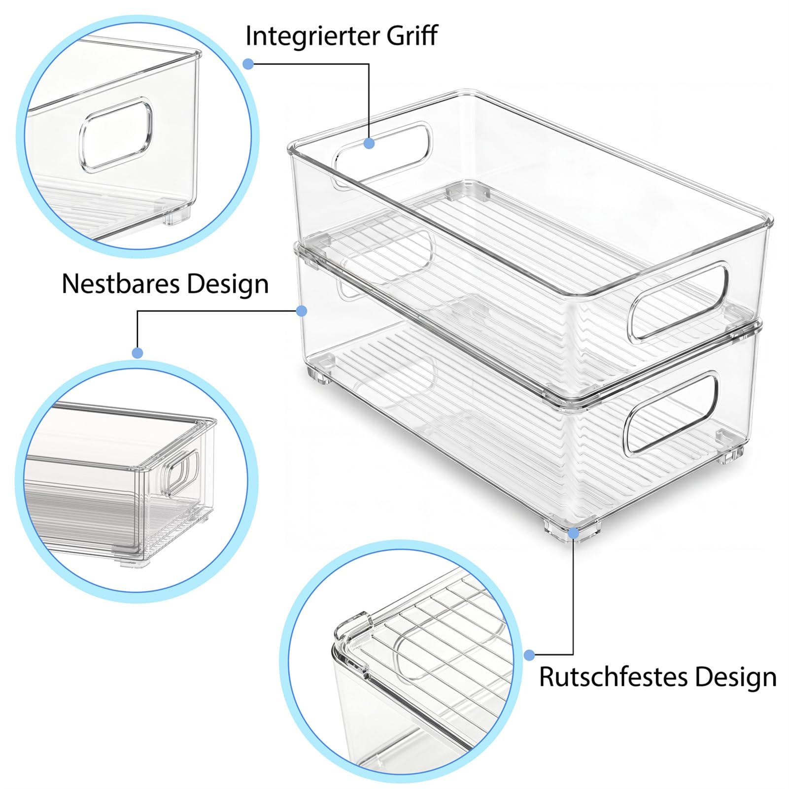 Famhap Kühlschrank Organizer Stapelbar 6 Stück | PET-Material, 3 Größen, Transparent Griffig, Rutschfest & Platzsparend für Küche Speisekammer Bad Büro