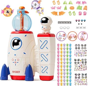 sticky balloon Rocket kit Ages 3-8 with Air Rocket Pump4.28" x 5.9" x 7.08" Soft balloon, Stickers & Eyes Build Balloon Animals No Glue No Mess, Screen-Free Travel Gift for Girls Boys