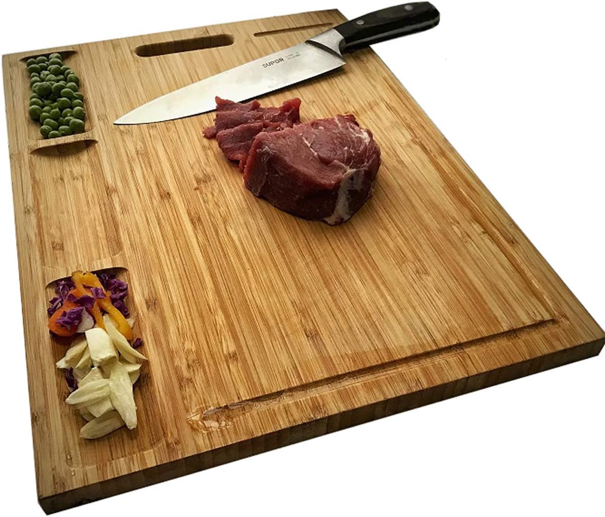 NIUXX Bamboo Cutting Board Kitchen, Extra Large Chopping Board with Built-in Compartments & Juice Grooves, 50 x 36 x 2 cm Carving Butcher Board with Handle, Meats Vegetable Bread Fruits Serving Board