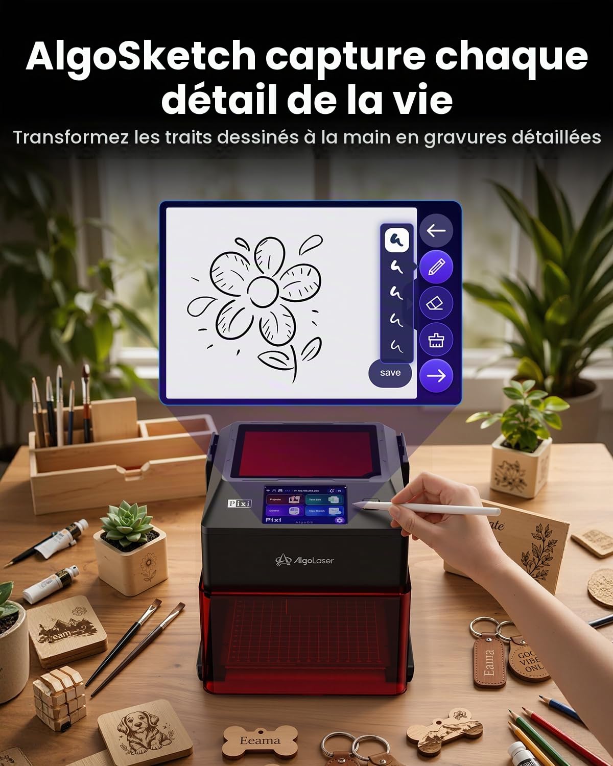 AlgoLaser Pixi – Graveur laser intelligent – Machine de gravure laser portable 10 W avec écran tactile de 3,5 pouces et système AlgoOS et application – Gravure laser pour bois, acrylique, verre