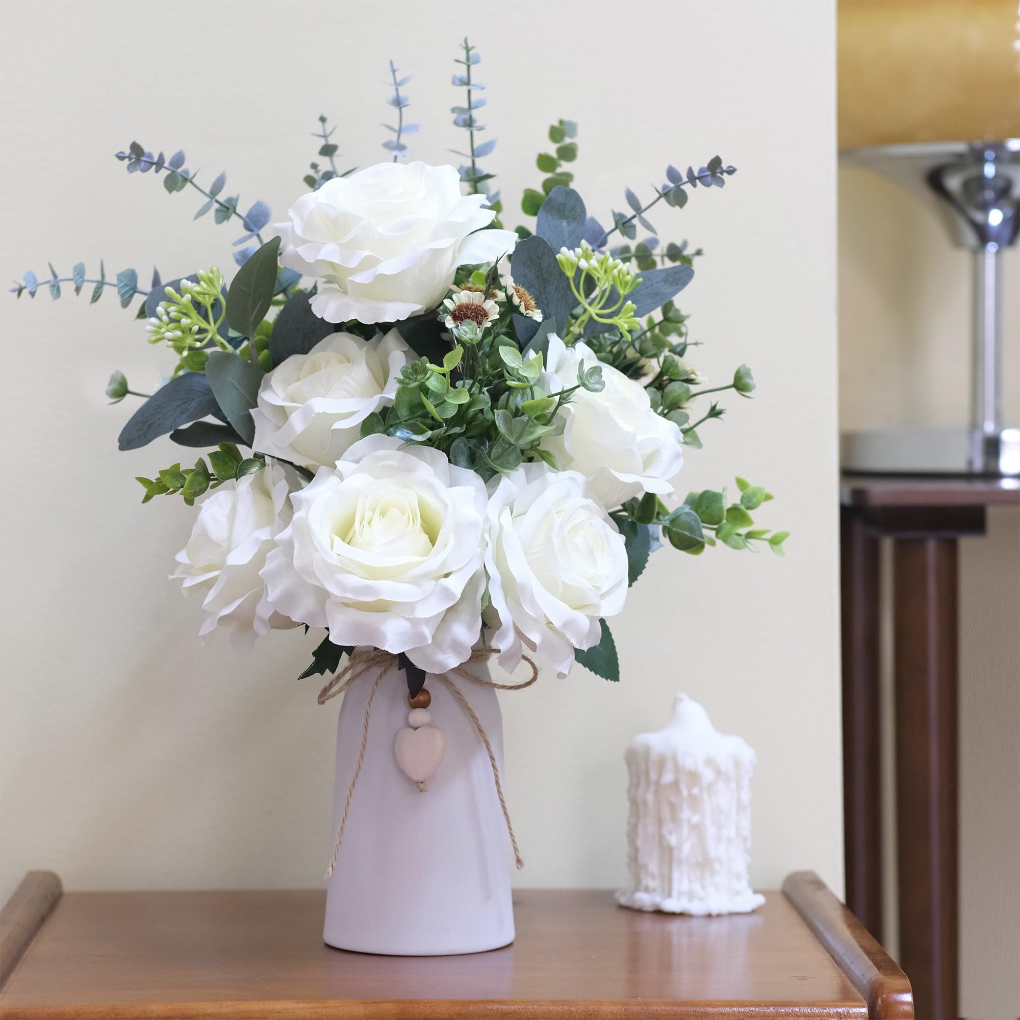Artificial Rose Flower Arrangements in Ceramic Vase, 16" Faux Dahlia Flowers with Eucalyptus Stems and Decorative Leaves - Image 3