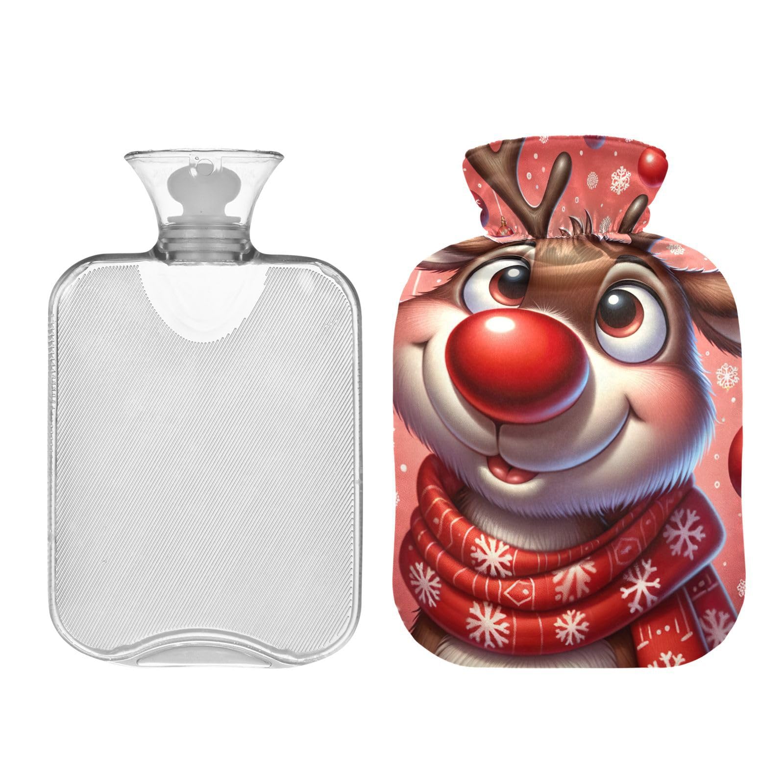 Festive Reindeer Red Hot Water Bottle Water Heating Pad Hot Water Bag for Foot Bed Warmer Pain Relief, 2 Liters