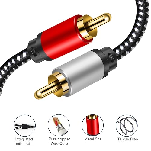 Miniatura 5 de Cable RCA, 2RCA macho a 2RCA macho, cable de subwoofer estéreo de audio estéreo de alta fidelidad, nailon trenzado chapado en oro, cable de audio