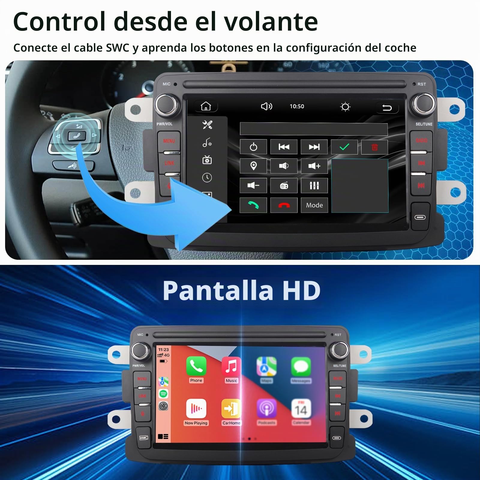 Radio de Coche para Renault Dacia Duster Sandero Dokker Logan Lodgy Captur con Carplay inalámbrico Android Auto Android Radio Pantalla táctil HiFi Bluetooth FM/RDS EQ SWC Canbus