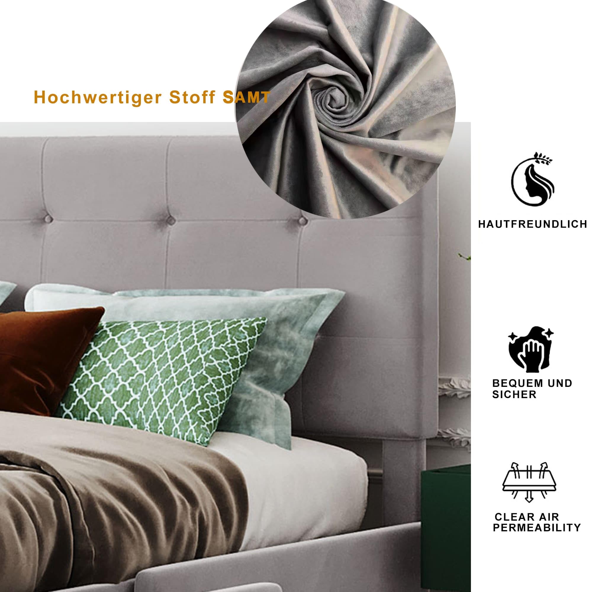 Gestoffeerd Bed Met 4 Laden - Fluwelen Hoofdeinde Verstelbaar - Grijs 140x200 Cm Met Lattenbodem (Zonder Matras)
