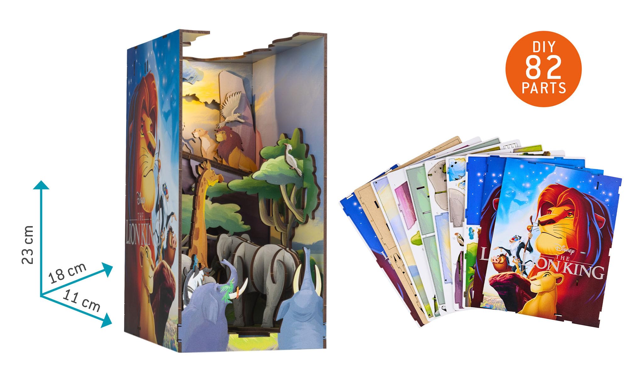 Revell Tiny Adventures podpórka do książek, Król Lew, drewniane puzzle 3D z diodami LED I Simba jako miniaturowa książka Nook do regału na książki I kreatywny prezent dla dzieci, fanów filmów i