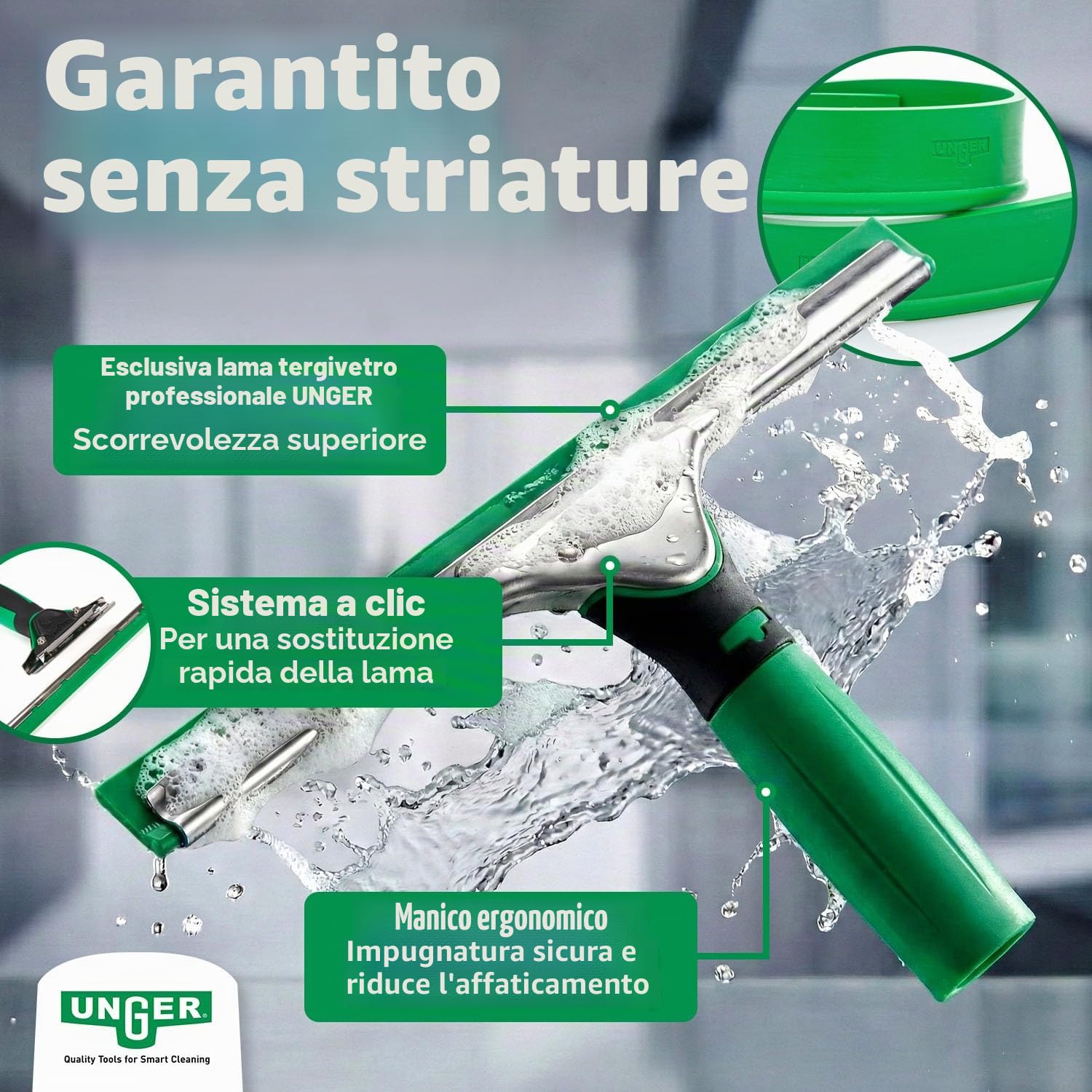 Unger Kit per la pulizia dei vetri (tergivetro, manico, copertura in microfibra, secchio da 12 L, detergente, raschietto, panno largo 35 cm) AK015