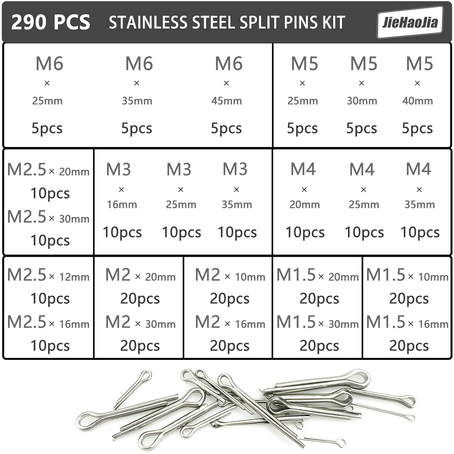 290 pezzi in acciaio inox Split Cotter Pin Coppetta Kit Assortimento 24 misure, per agricoltura, industria, edilizia