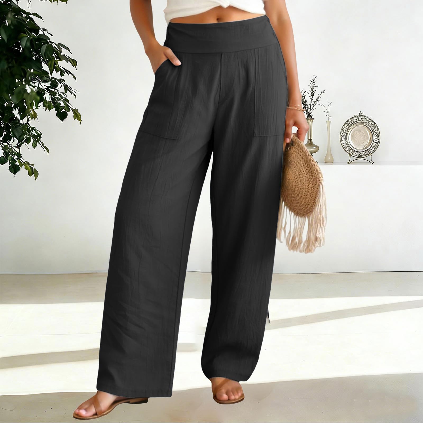 Generico Pantaloni Donna Estivi in Cotone e Lino Eleganti Elastico Vita Alta Pantaloni Donna Larghi Leggeri e Comodi a Gamba Larga Casual Yoga Pantalone Gamba Dritta con Tasche per Business Ufficio