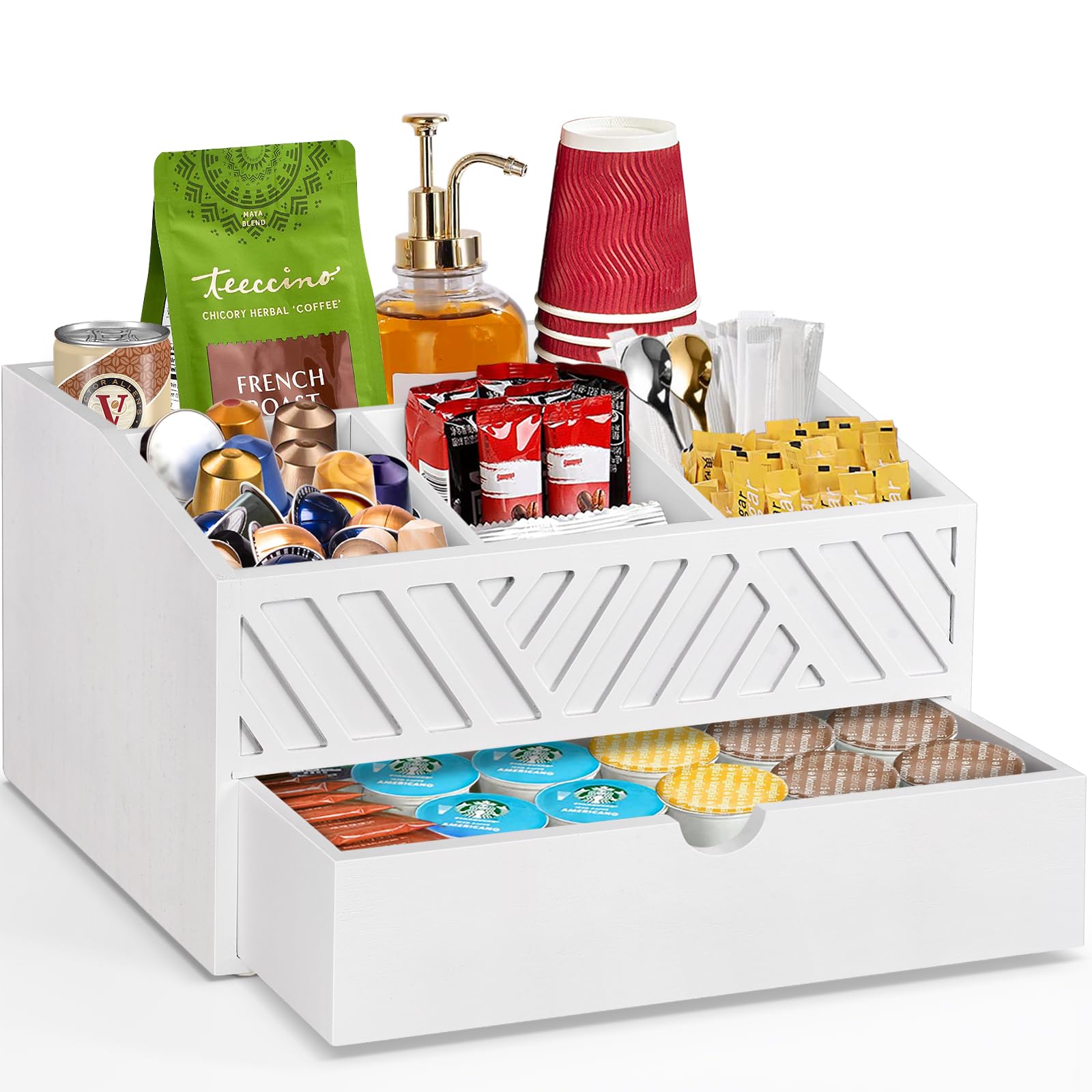 Coffee Bar Organizer Countertop, Wooden Coffee Bar Accessories Organizer With Drawer, Coffee Station Organizer Coffee Pods Holder Storage Basket, Farmhouse Coffee and Tea Condiment Organizer Station
