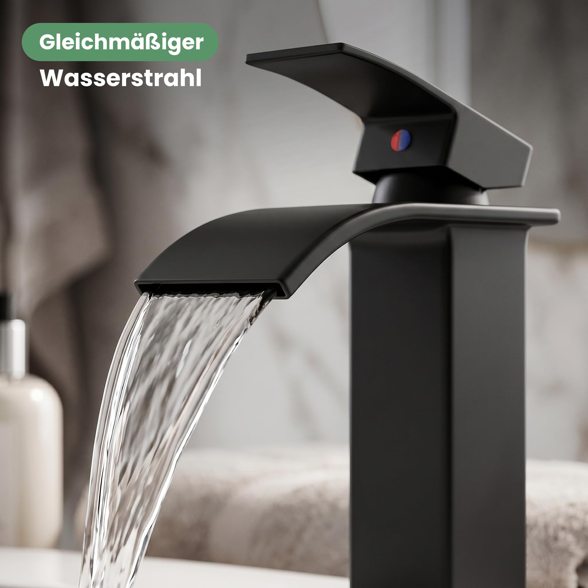 AKORD Waschtischarmatur EVIO Hoch Wasserfall, Moderne Badarmatur für Aufsatzwaschbecken mit Keramikkartusche, Edelstahl rostfrei, 30 x 5 x 16,5 cm, Schwarz