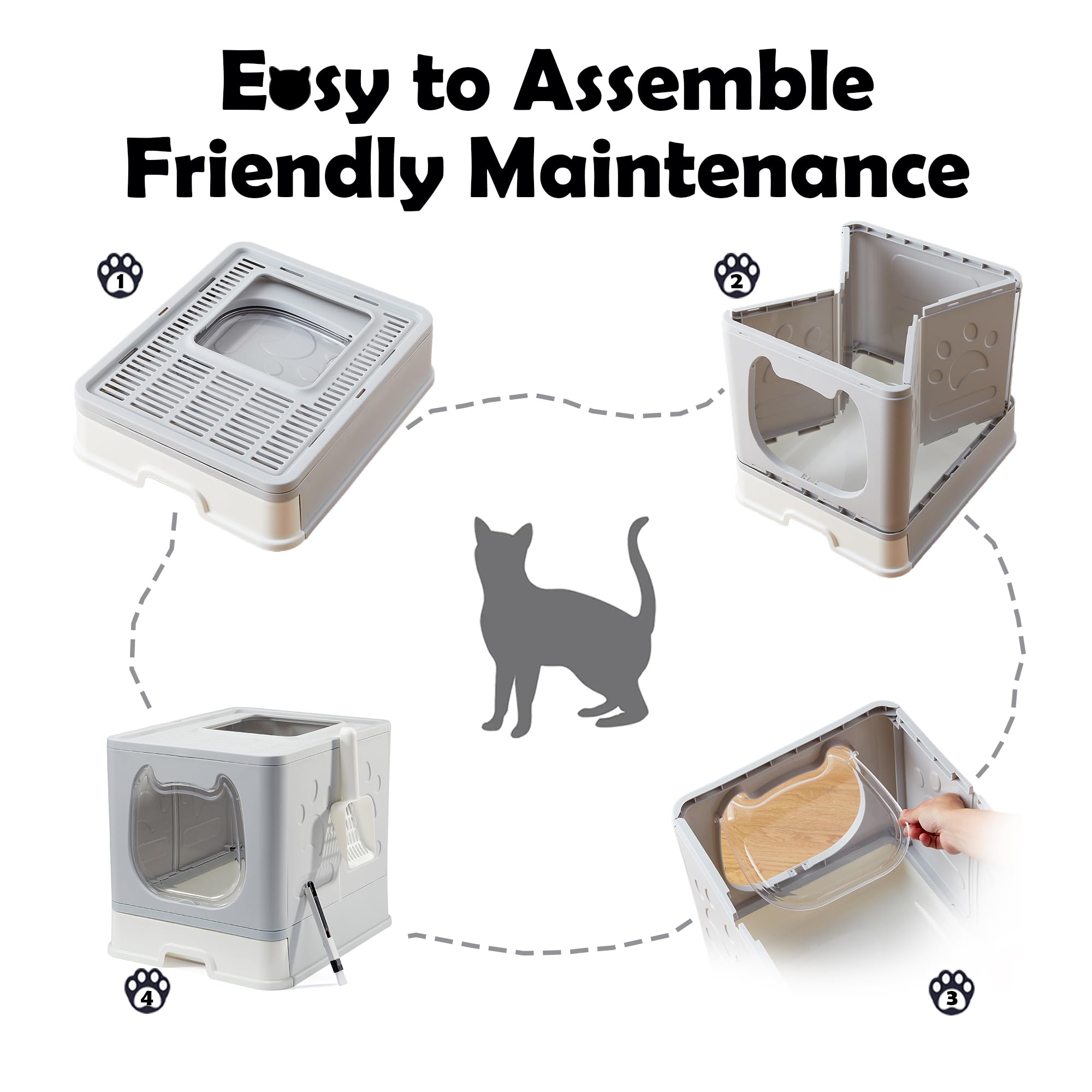 Vealind Caja de arena plegable para gatos con tapa, cajas cubiertas de arena para gatitos con cuchara y cepillo, caja de arena cerrada para gatos con bandeja de arena
