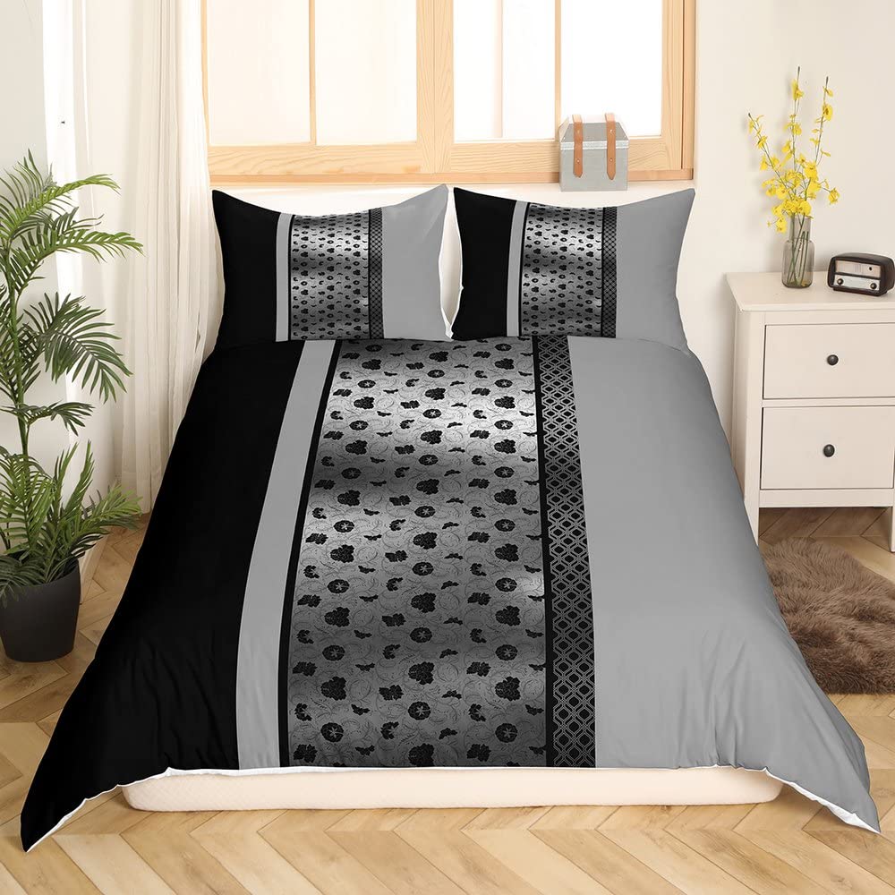 Funda de edredón geométrica negra y gris, funda de edredón vintage para adolescentes, niñas y mujeres, funda de edredón abstracta con rayas cuadradas, juego de ropa de cama con 2 fundas de almohada