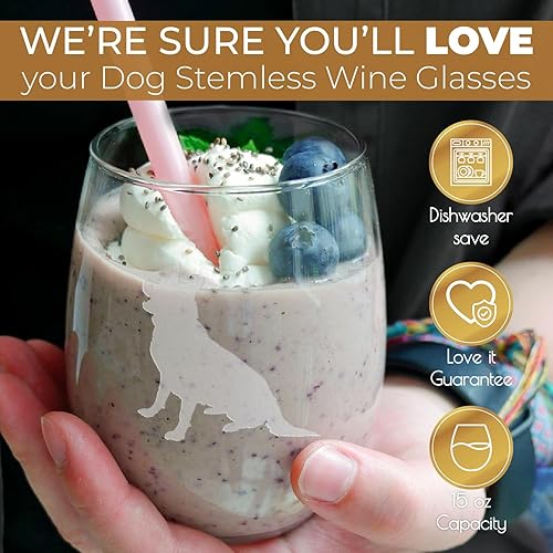 Miniatura 5 de Copas de vino sin tallo (juego de 2) de perros de raza  Regalos para amantes de perros  Silueta de 2 caras grabada a mano con nombre de la raza en