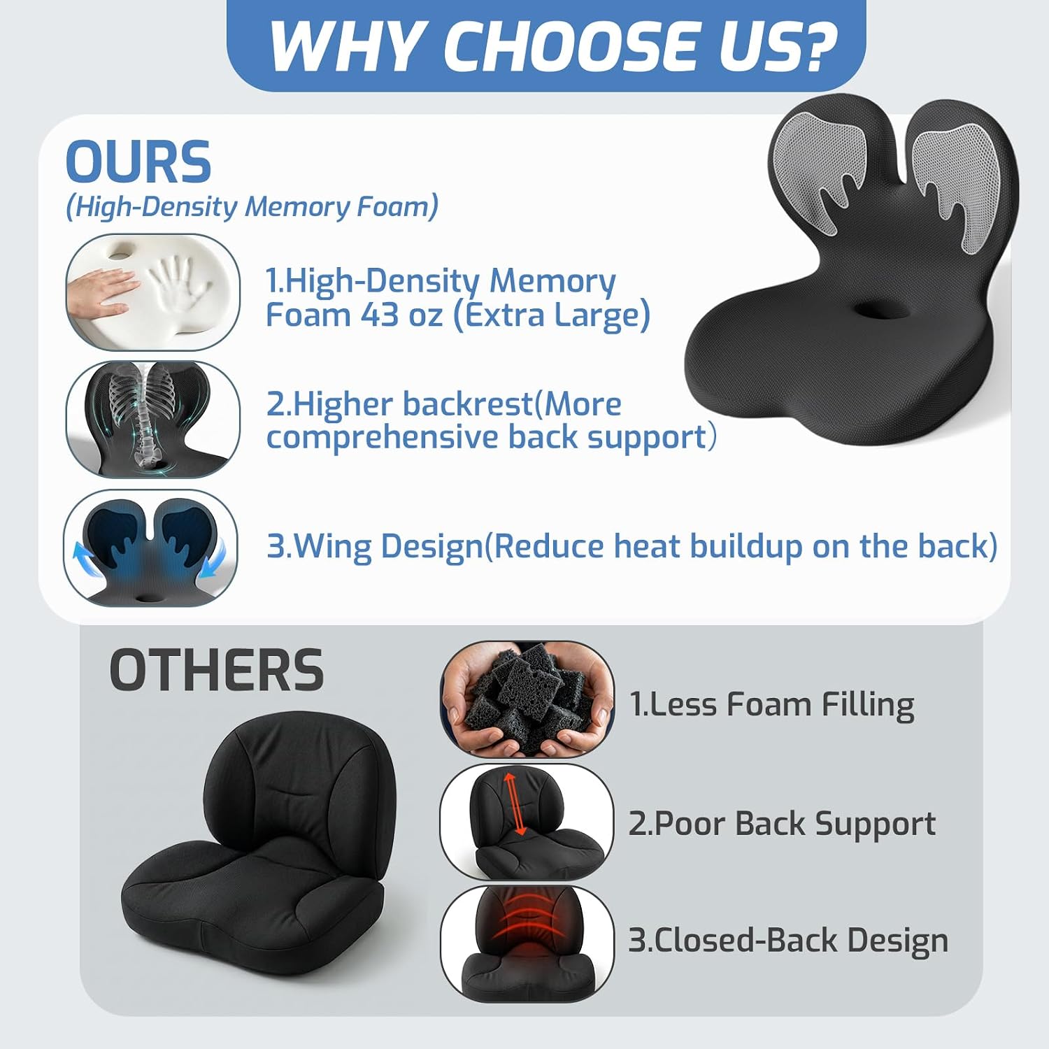 Ergonomic Seat Cushion,Office Chair Cushion with Lumbar Support Pillow,Memory Foam Car Seat Cushions,Designed for Sciatica, Tailbone,Back Pain,Back Cushion for Office,Car,Home Desk Chair