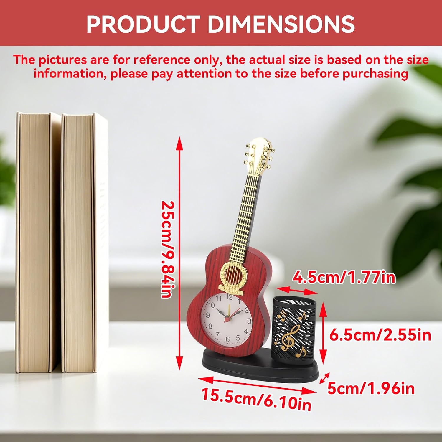 Guitar Alarm Clock, Multifunctional Decorative Desk Clock with Pencil Holder Guitar Decor Desktop Accessories for Bedroom Office