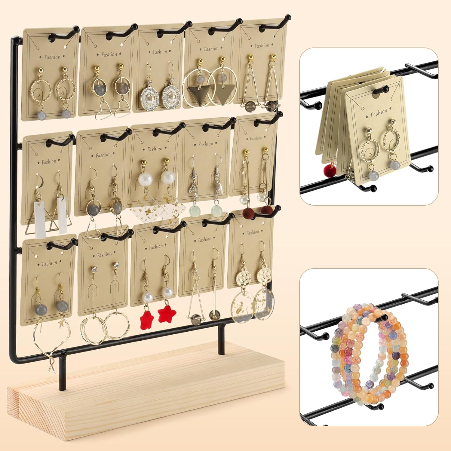 Earring Display Stands for Selling, 3 Tier 15 Hooks Wood Jewelry Organizer Rack for Earrings, Necklaces, Rings, Bracelets, Keychains - Compact for Countertop, Boutique, Trade Shows (Black) - Image 4