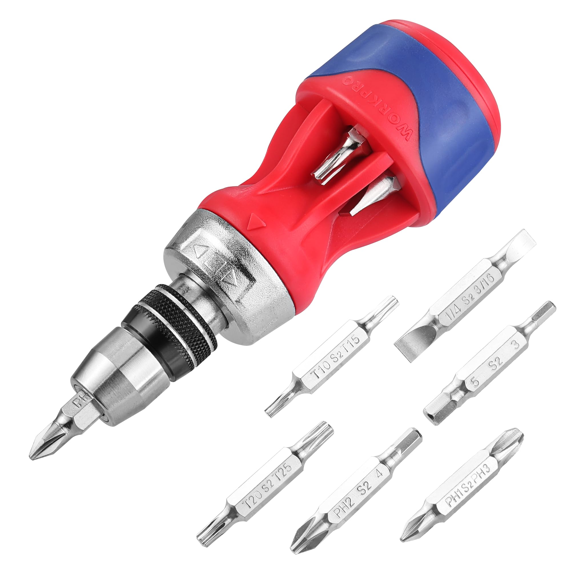 Workpro Blue, Red 12-In-1 Stubby Ratcheting Screwdriver Set, Multi-Bit Stubby Screwdriver Tool With Magnetism, All-In-One Screwdriver With Premium S2 Bits For Diy Home Repair