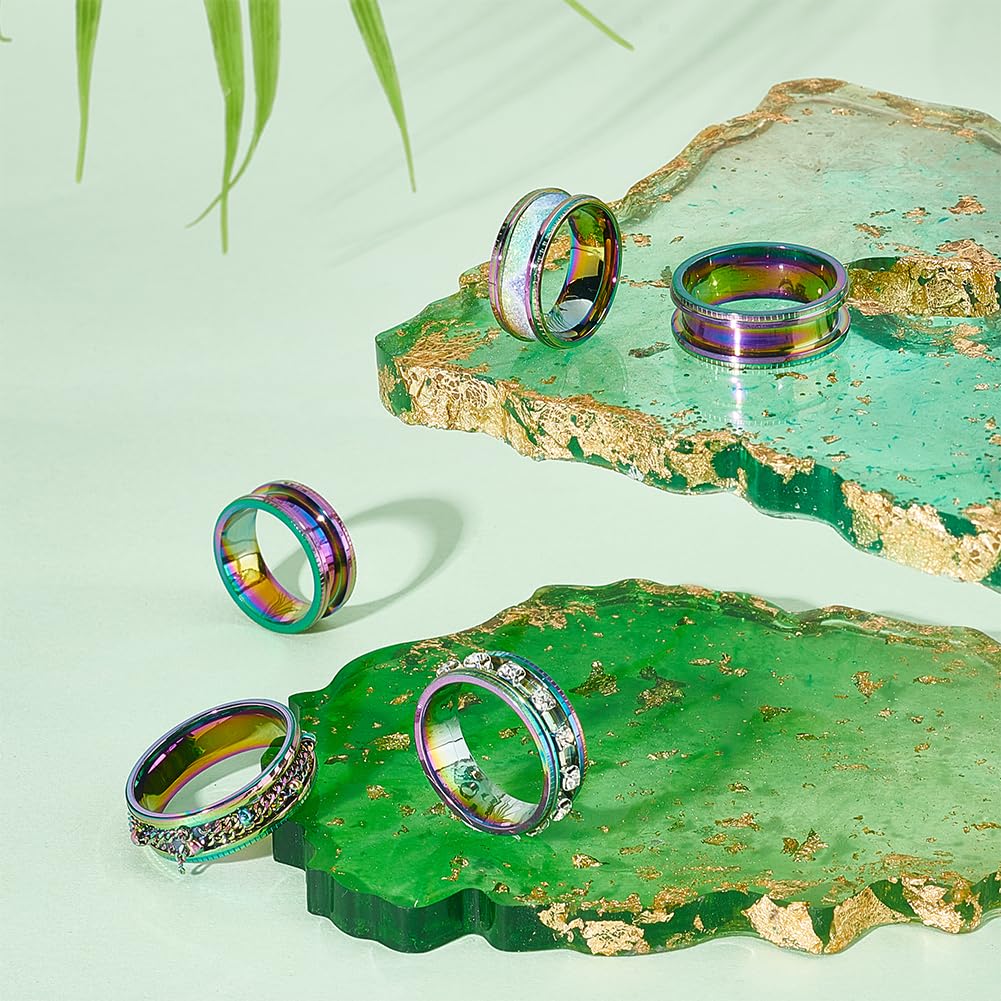 UNICRAFTALE 14pcs Rainbow Titanium Steel Grooved Finger Ring Set for DIY Inlay Resin Jewelry Making Gift