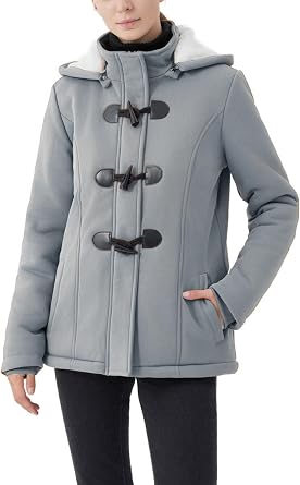 JiangWu Womens Fashion Sherpa Fleece Thickened Horn Button Hooded Jacket Winter Warm Slim Coat