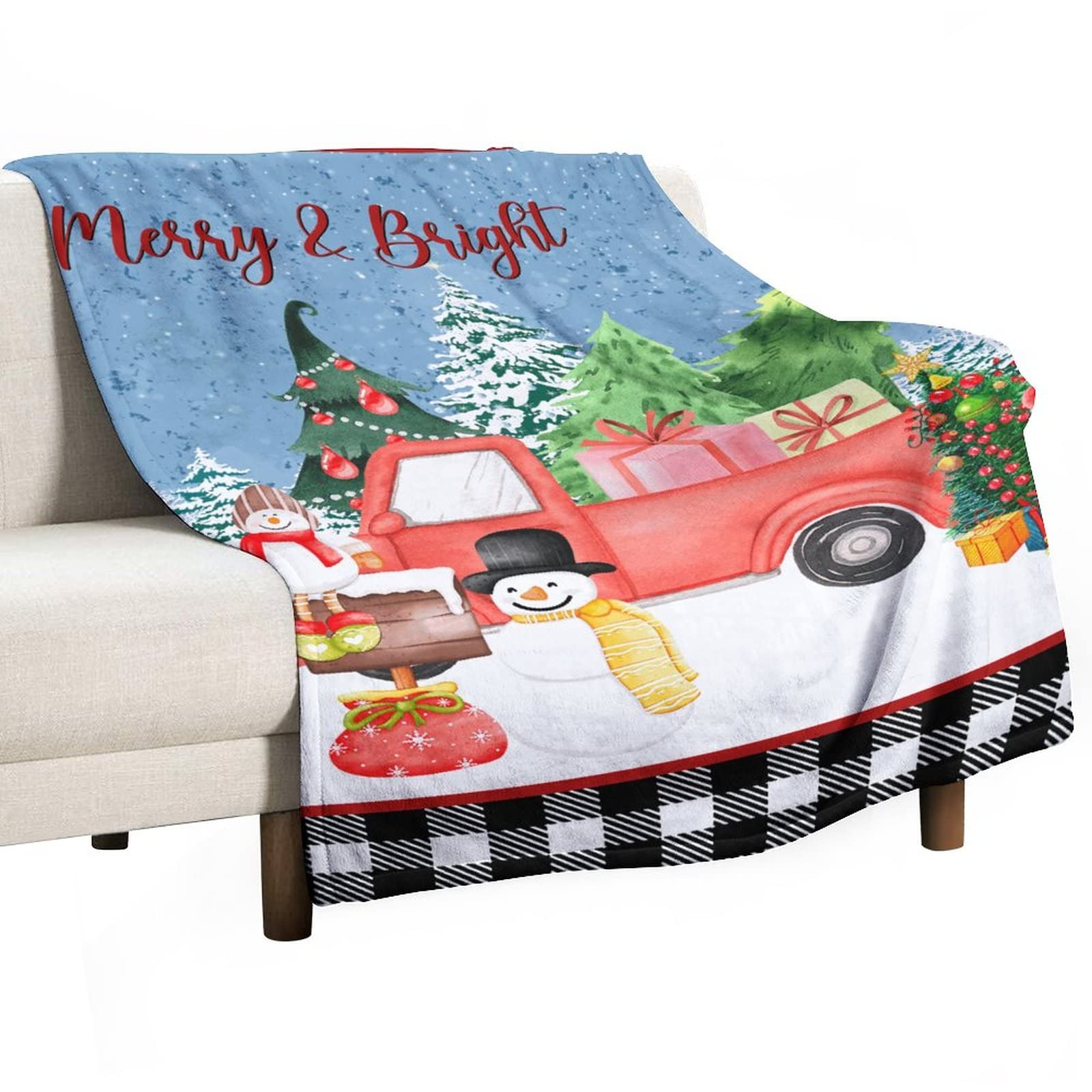 Couverture pelucheuse de Noël 130x150cm avec motif sapin camion et bonhomme de neige