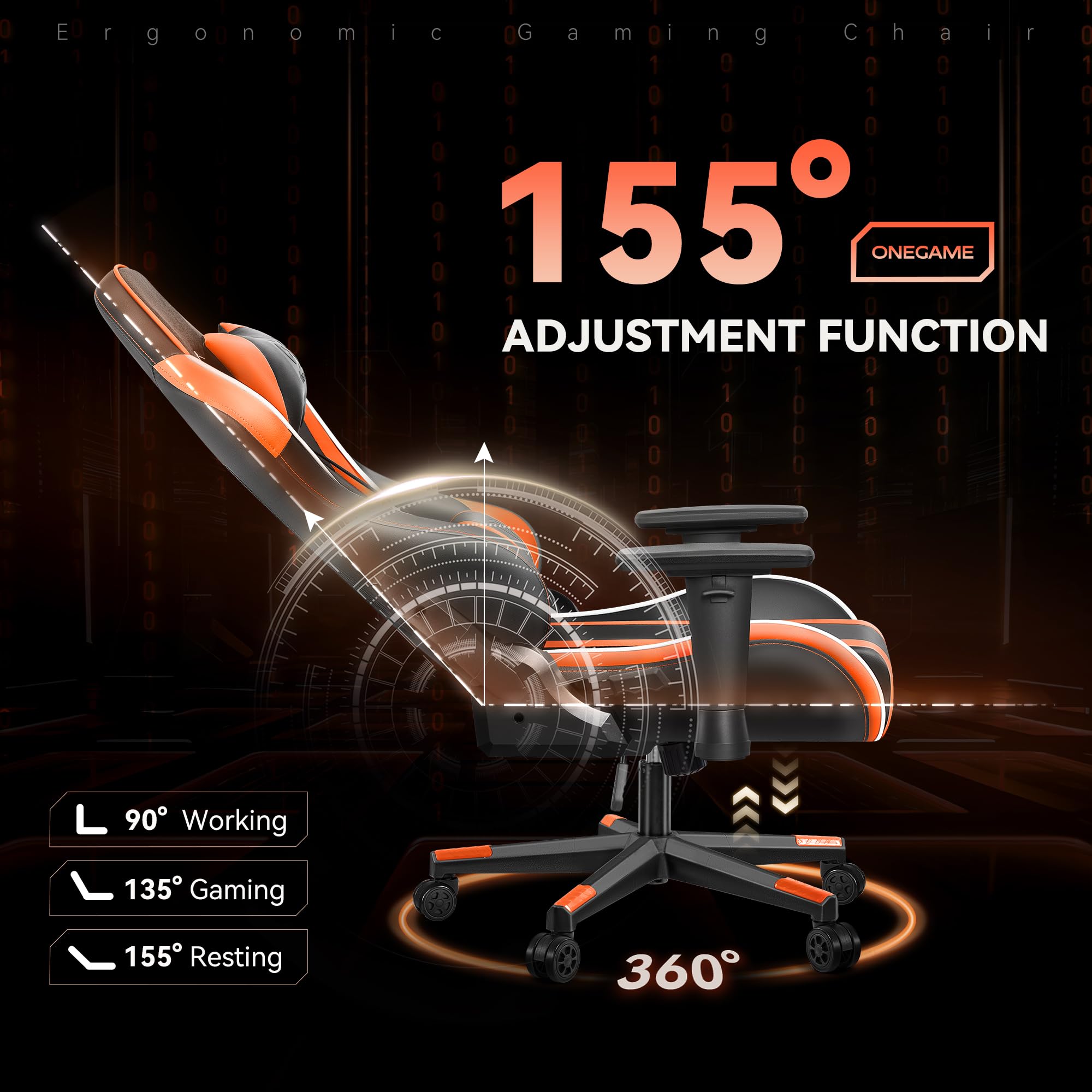 OneGame Sedia Gaming, 3D Braccioli Ergonomico Sedia da Gioco per Computer, Ufficio Regolabile in Altezza, Girevole con Cchienale Regolabile 155°, Arancione