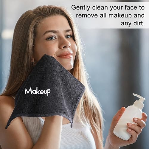 Miniatura 6 de 18 toallas removedoras de maquillaje de 13 x 13 pulgadas, paños de algodón para la cara con bordado de maquillaje, negro, reutilizable, paño