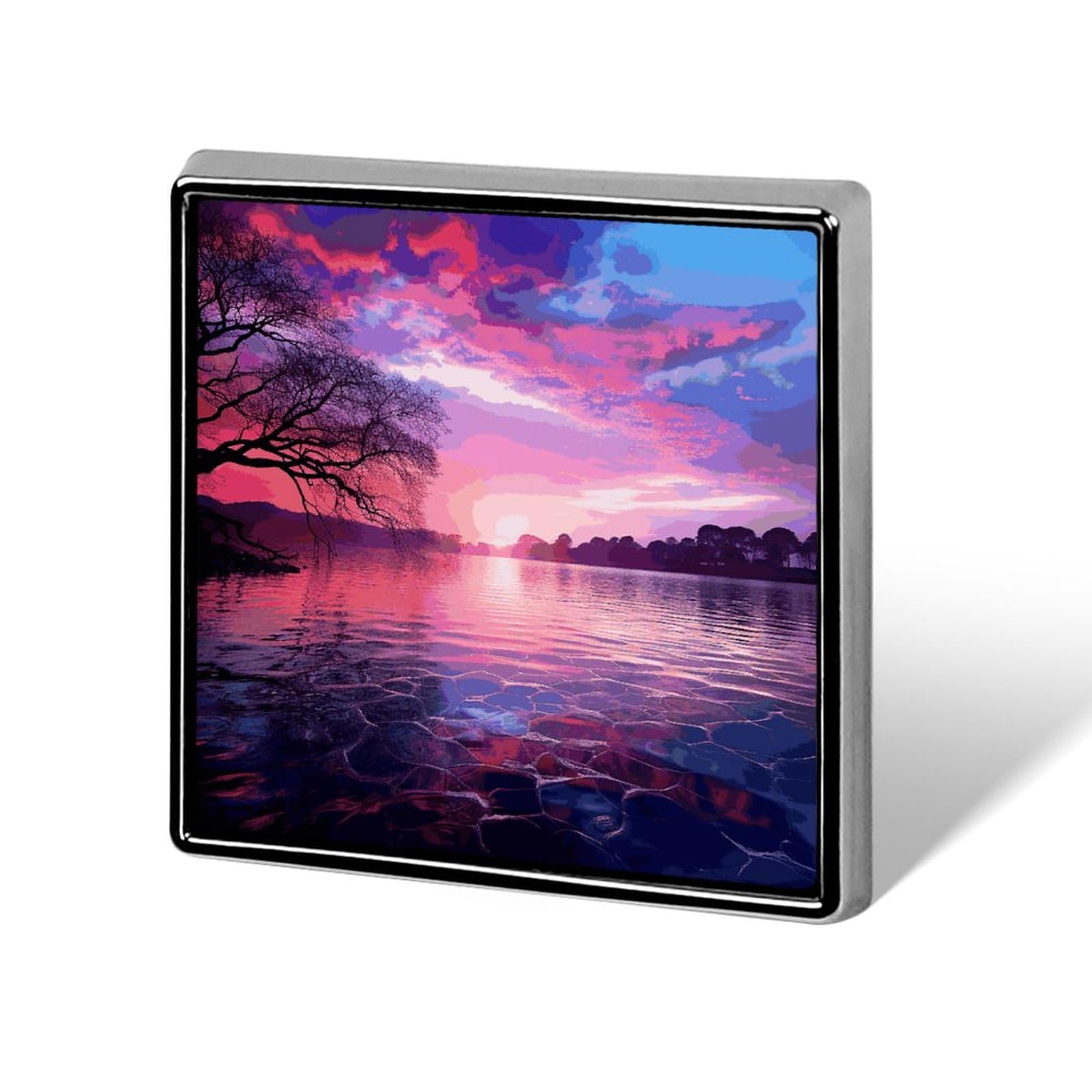 Square Lapel Pins Purple Sunset on Water Metal Square Brooceh Badge for Suits, Backpacks & Hats, Lapel Accessory