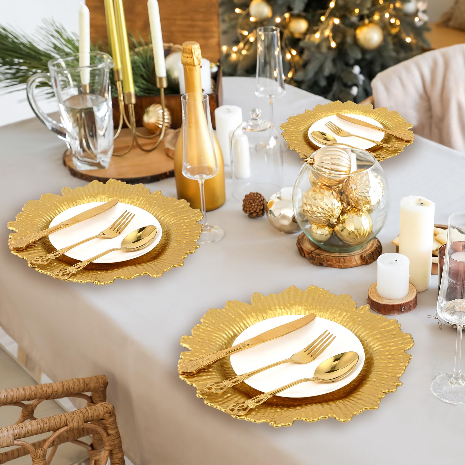 Bokon 48 Pcs 13 Inch Gold Charger Plates Set with Stainless Steel Silverware 12 Plastic Reef Chargers with Gold Flatware Utensils 12 Spoons, 12 Forks, 12 Knives for Dinner Wedding Party Table Setting