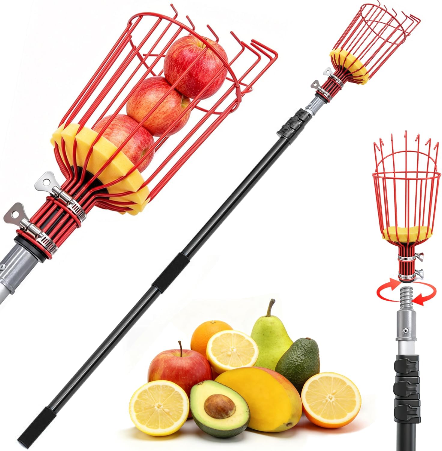 ARTIPOLY 20FT Reach Telescoping Fruit Picker, 4-12FT Adjustable Aluminum Pole with Basket, Lightweight Heavy Duty Tool for Harvesting Apples Mangoes Avocados Pears Lemons