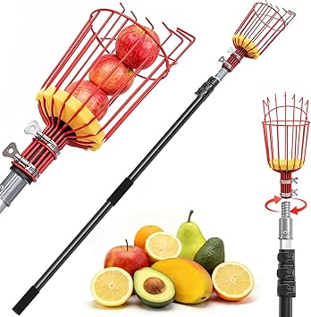 ARTIPOLY 20FT Reach Telescoping Fruit Picker, 4-12FT Adjustable Aluminum Pole with Basket, Lightweight Heavy Duty Tool for Harvesting Apples Mangoes Avocados Pears Lemons