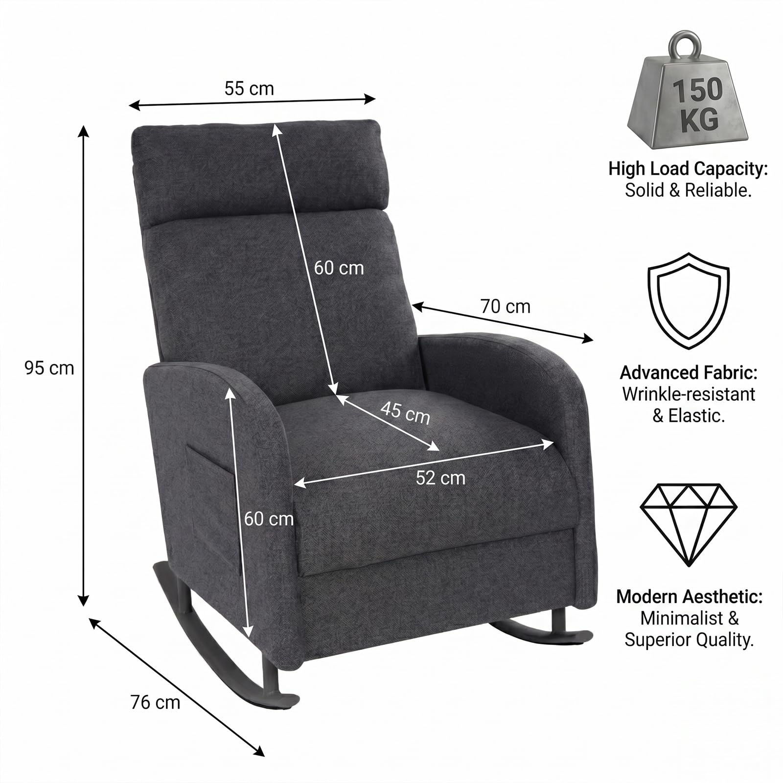JIEXI Poltrona a dondolo, moderna sedia lounge imbottita e confortevole, poltrona in tessuto con schienale alto e tasche laterali, capacità 150 kg, poltrona accento grigia per soggiorno, camera da