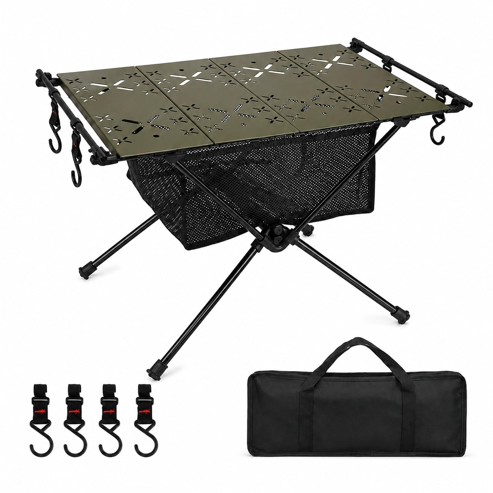 GOOGO Tavolo pieghevole da campeggio, piano in alluminio e ripiano in rete, tavolino ultraleggero outdoor per picnic, pesca e cucina all’aperto, 59 x 40 x 38 cm (verde)