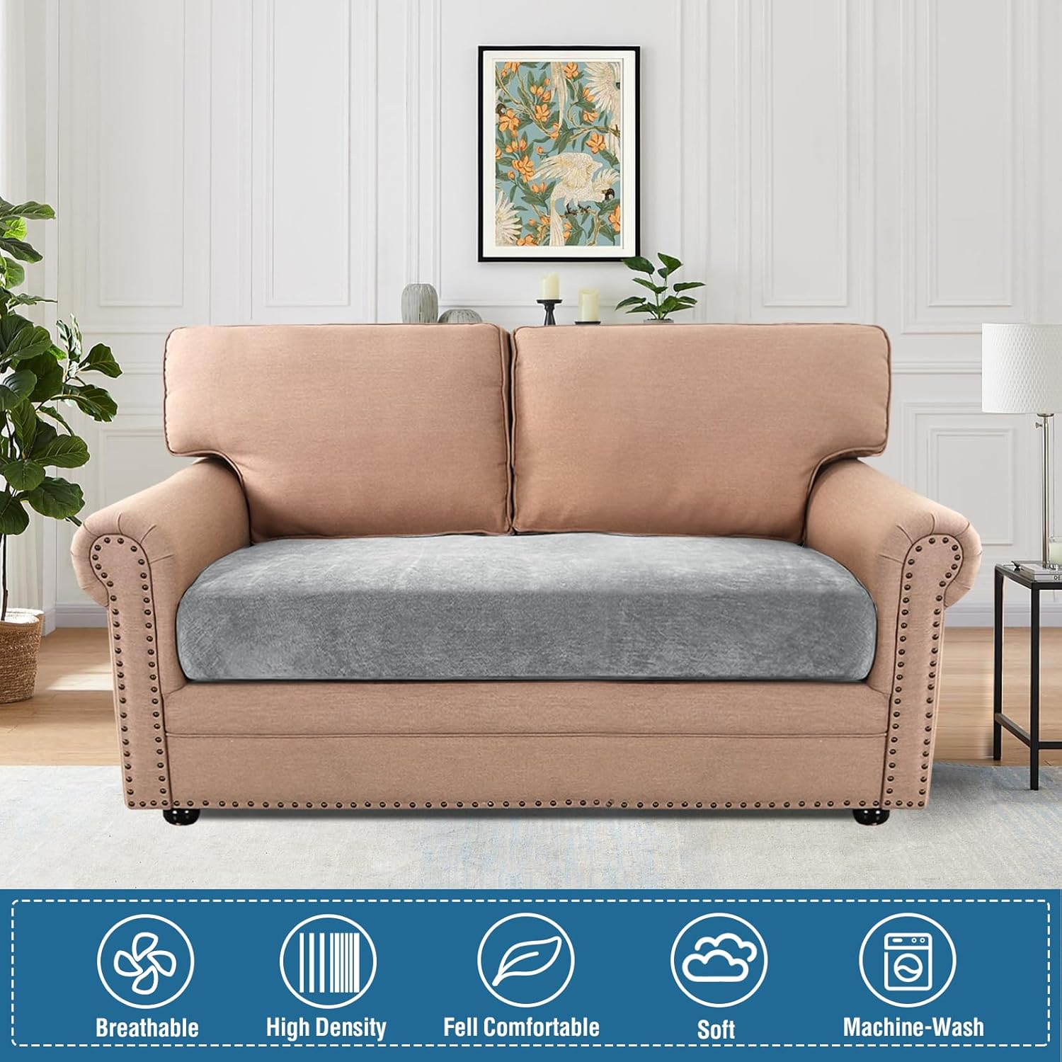 H.VERSAILTEX Stretch Mixed-Color Chenille Couch Covers T Cushion Stretch Replacement Loveseat Slipcovers Thick Soft Loveseat Covers for 2 Cushion Couch(2 Seater Loveseat Cushion Cover,Dove)