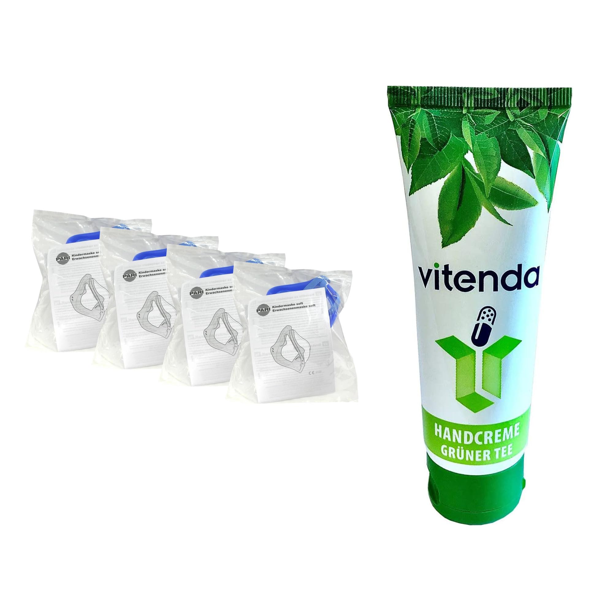 Set: Inhalationsmaske Kindermaske soft mit PARI für Vernebler, weiche Kinder-Gesichtsmaske, 4x1Stk – inkl. vitenda Handcreme