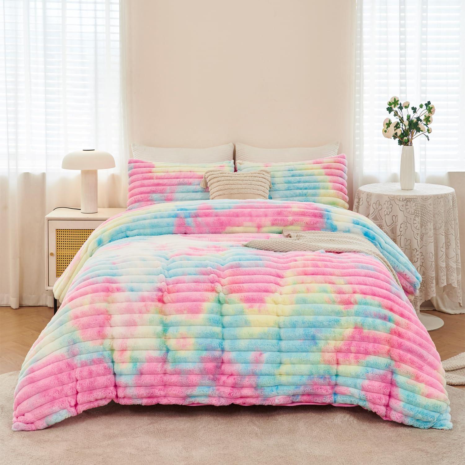 ANGIYUIN 3 Pieces Fluffy Twin Duvet Cover Sets for Girls Faxu Fur Plush Shaggy Kids Bedding Cover Set Tie Dye Pink Fuzzy Comforter Cover Set(Pink Rainbow Tiwn) - Image 3