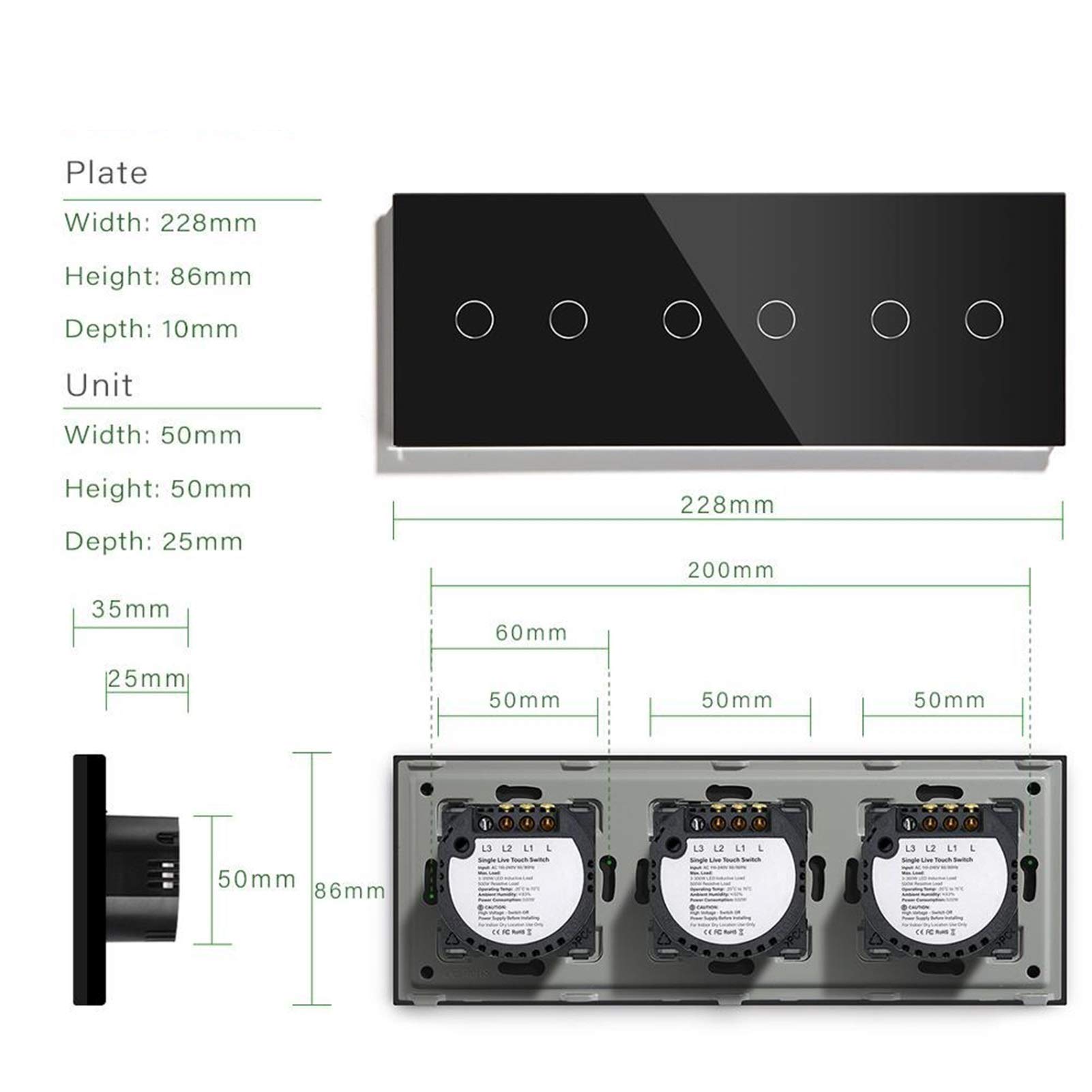 Interruptor Tactil, Interruptor Tactil Pared Toque Interruptores de luz táctil Sensor Interruptor de pared Panel de vidrio 6Gang 1way Interruptores Dark Blacklight Blanco Negro Dorado 300W / Gang(Gold