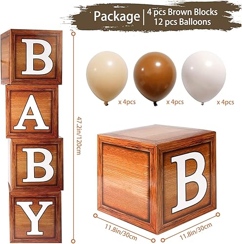 Miniatura 2 de Juego de 4 cajas de bebé con letras y globos, cajas de oso de peluche, decoraciones de fiesta, bloques de caja de globos marrones para baby shower y