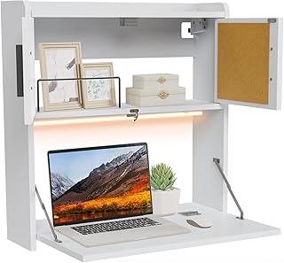 ARTETHYS Wall Mounted Desk with LED Light Multifunctional Fold Down Lapt...