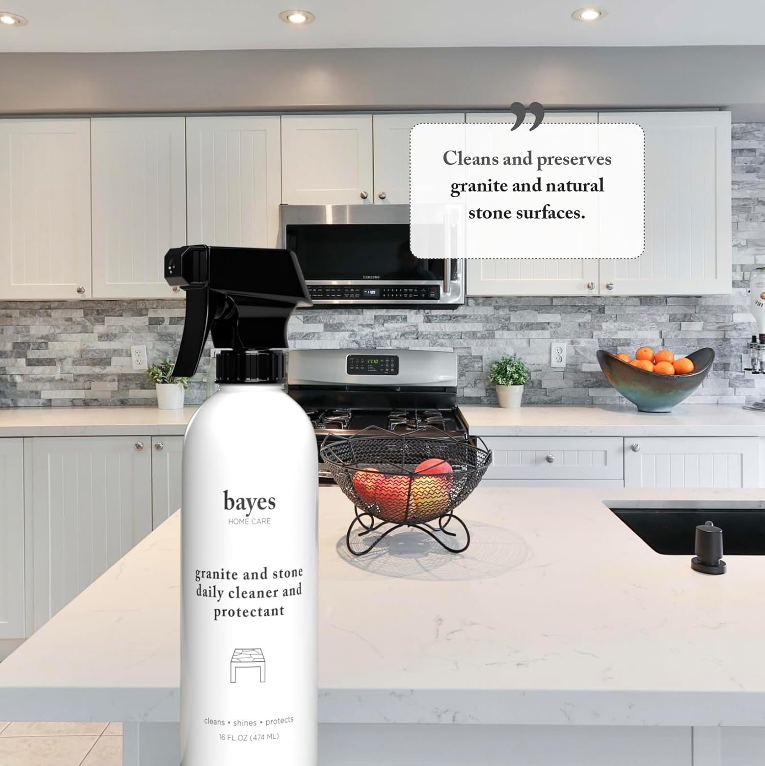 Bayes Granite and Stone Daily Cleaner and Protectant - Cleans, Shines, and Protects - For Granite, Quartz, Marble, Tile, and Stone Surfaces - 16 oz, 6 Pack