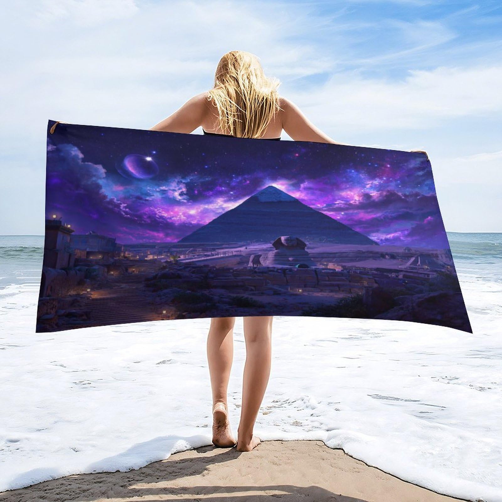Luyysky Vintage Fantasy Pyramid Egypt Quick-Drying Beach Towel, Retro Oil Painting Starry Sky Galaxy Planet Egyptian Travel Vacation Single Sided Pile Bathroom Towels-80 W Cm X 160" L Cm