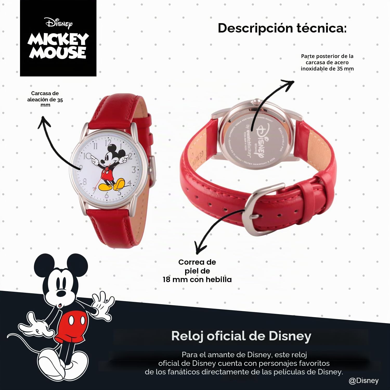 Disney Mickey Mouse - Reloj analógico de cuarzo con correa de piel y manecillas articuladas para adultos