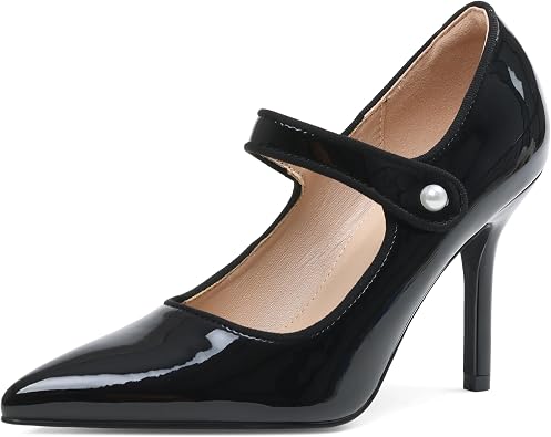 Eteridrey Mary Jane Shoes Women 3.5" Pointed Toe High Heels Black Pumps | Pearl Button Strap, Closed Pointed Toe 3.5 Heels, Comfort Sexy Elegant Dress Shoes for Work, Wedding, Formal Evening Party