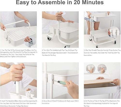 Vista 22 de DTK Carrito utilitario rodante de 3 niveles con tapa superior, carrito de almacenamiento de cocina móvil con ruedas bloqueables, tazas, ganchos